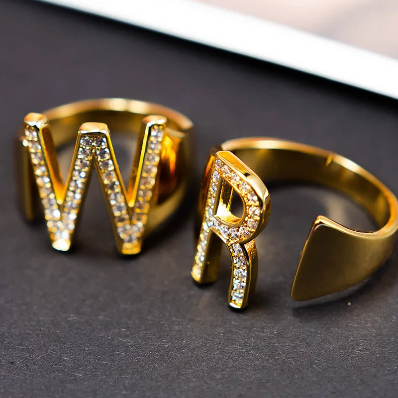 SC Popular Vintage Alphabet Rings Trendy Adjustable Cubic Zirconia Letter Rings Chunky Gold Statement Initial Rings for Women