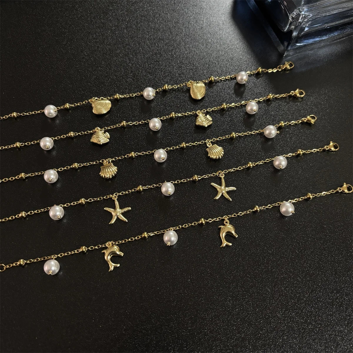 2025 New Designs Sea Series Starfish Dolphin Shell Pearl Stainless Steel 18K Gold Plated Women Anklets