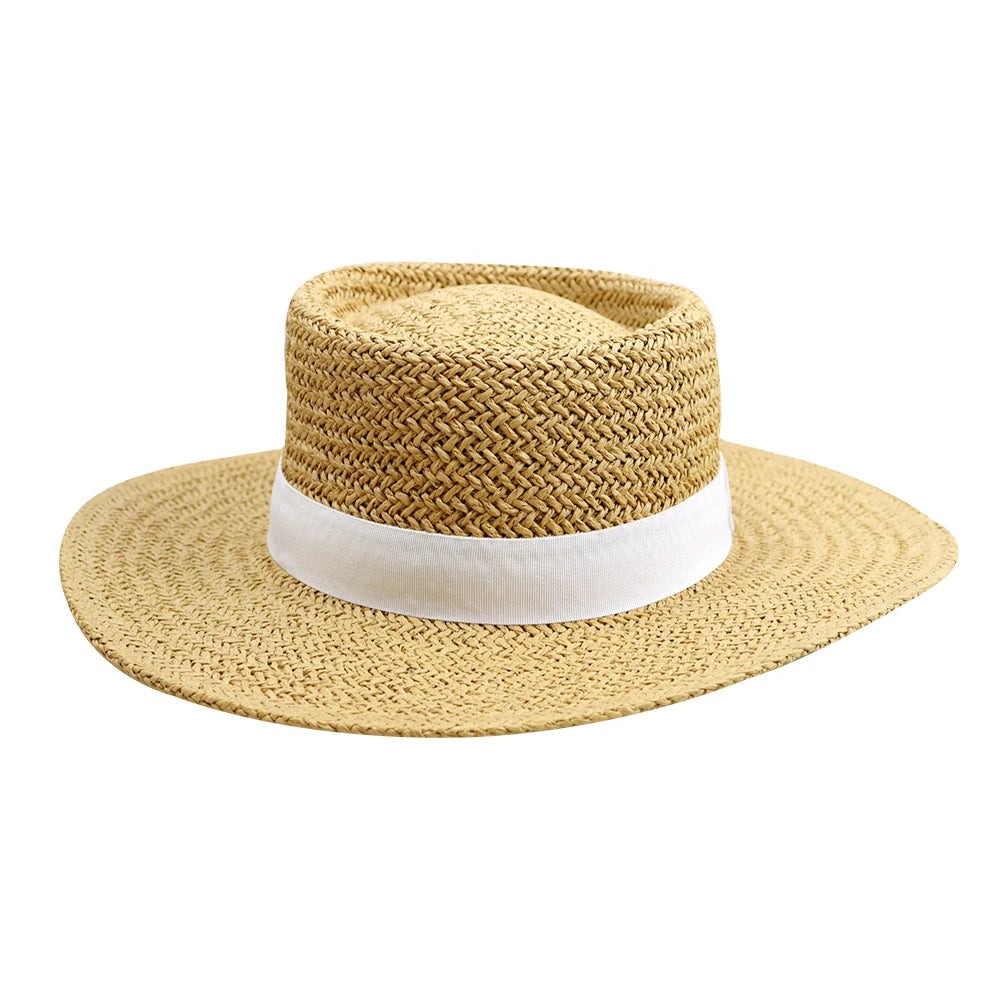 Hepburn Style Summer Panama Adjustable Ribbon Rope Bucket Straw Hat Unisex Fashionable Floppy Brim Outdoor Visor Striped Paper