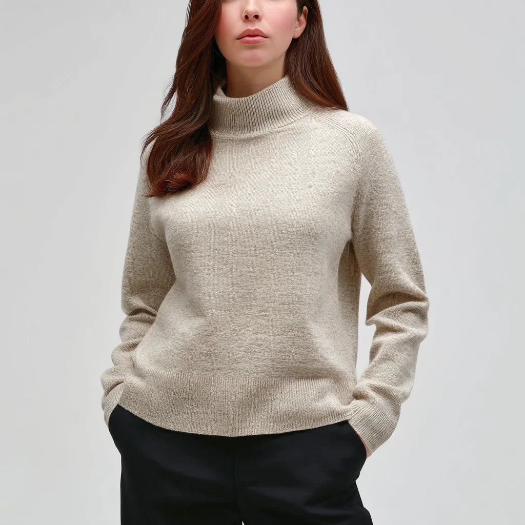 Women's Casual Minimalist Alpaca-Wool Blend Sweater Mock Neck Wool Pullover with Embroidery Breathable Woven for Autumn Winter
