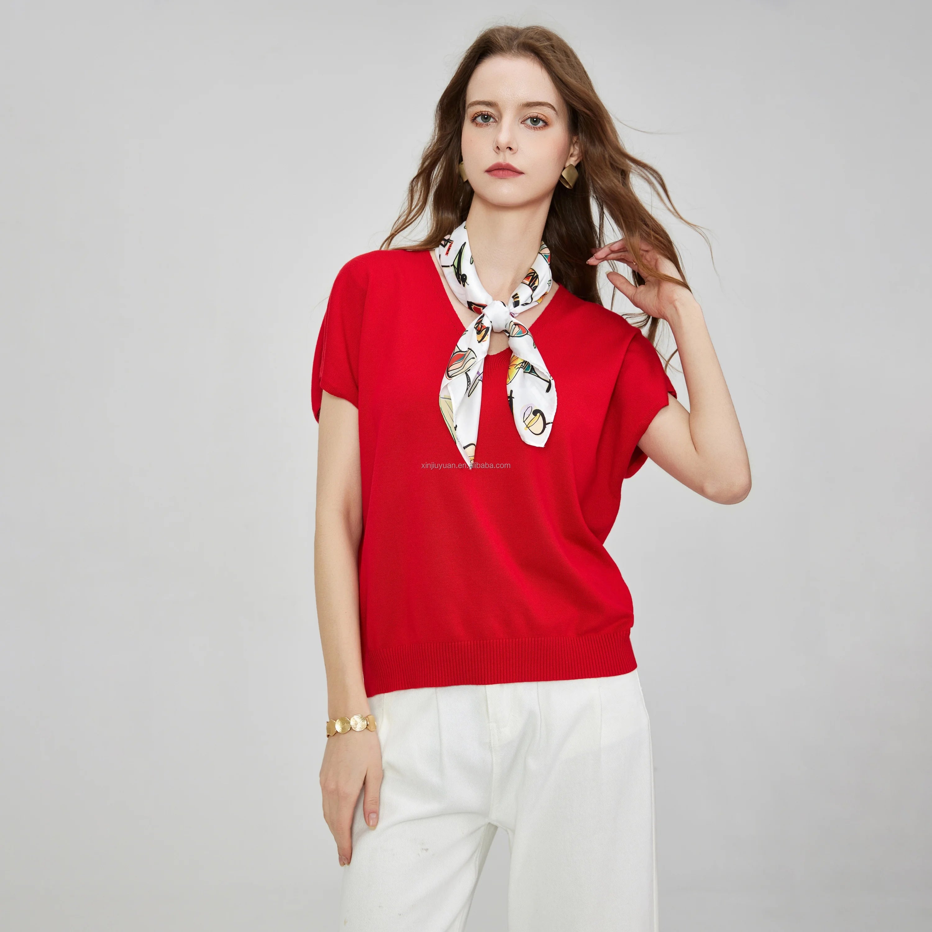 Women's Vintage V-Neck Blouses Cap Sleeve Cut Knitted Casual Knit Shirt Tops Pullover Sweater Ribbed Hem Silk Scarf Solid