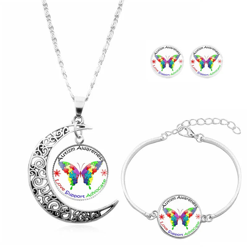 Autism Awareness Puzzle Pieces Charm Glass Cabochon Bangle Necklace Earrings Jewelry Set