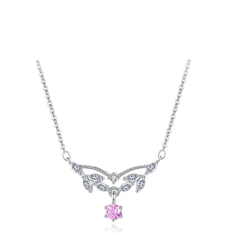 Romantic Light Luxury Marquise Waterdrop pink Zircon Clavicle Chain 925 Sterling Silver Rhodium Plated Leaf Pendant Necklace