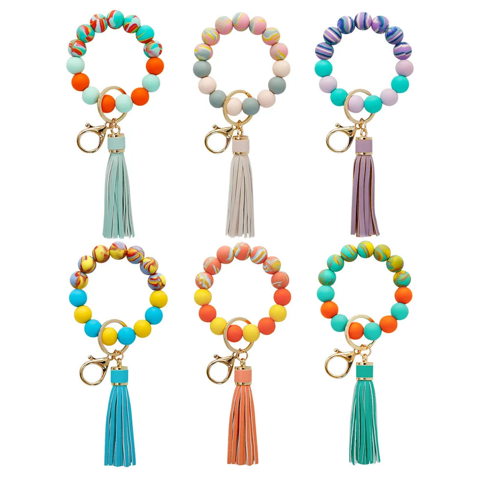 New Colorful Simple Silicone Rubber Beads Elastic Wristlet Bracelet Keychain Leather Tassel Eco-Friendly Fashionable Unisex Gift