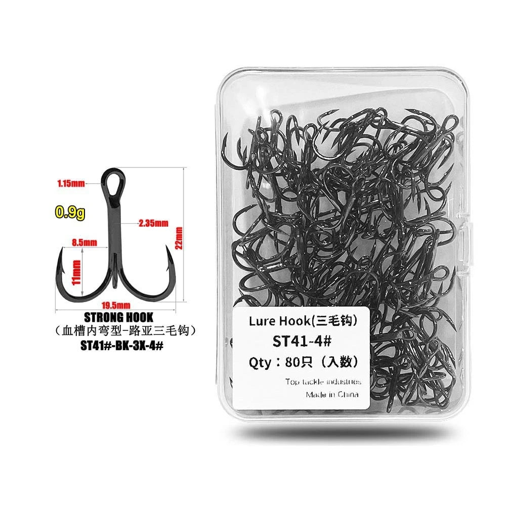14#-3/0# Fishing Bait 3X Strong ST41 Black Nickel Blood Tank Treble Hook Anchor Fish Hook with Barb