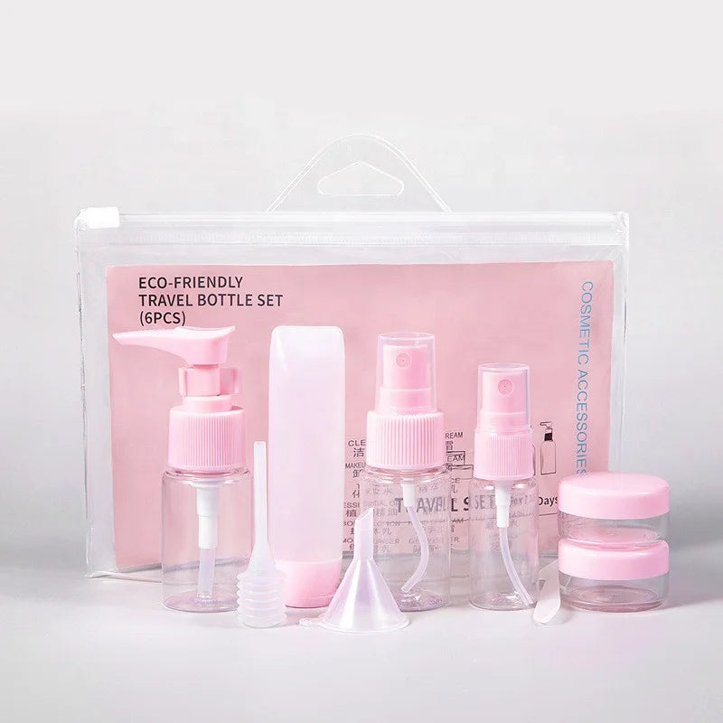 Travel Cosmetic Bottle Set Pink Blue Refillable 9-Piece PET Plastic Pump Sprayer Mini Bag Empty Toiletries Lotion Shampoo Skin