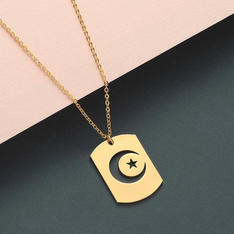 Waterproof 18K Gold Plated Crescent Moon Star Dog Tag Necklace for Men Boys Stainless Steel Islamic Muslim Necklace Jewelry Gift
