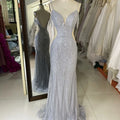 Silver Off-Shoulder V-Neck Luxurious Formal Evening Prom Dresses Long Beading Natural Anti-static Floor-Length Ball Gown