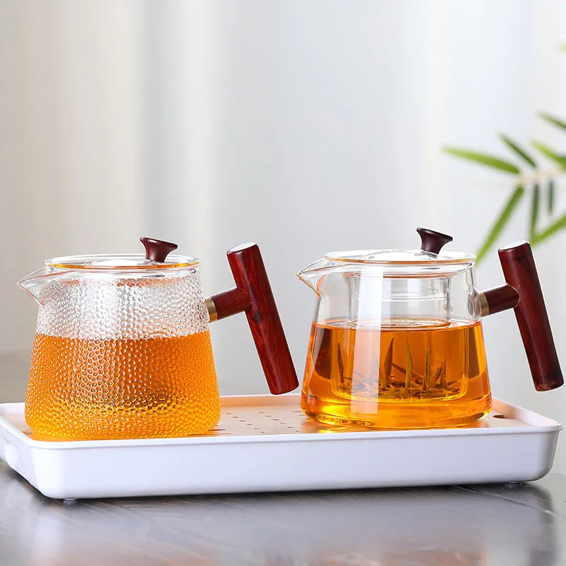 Hot Selling 750ml High Borosilicate Glass Tea Maker Wood Put Boiling Teapot with Infuser
