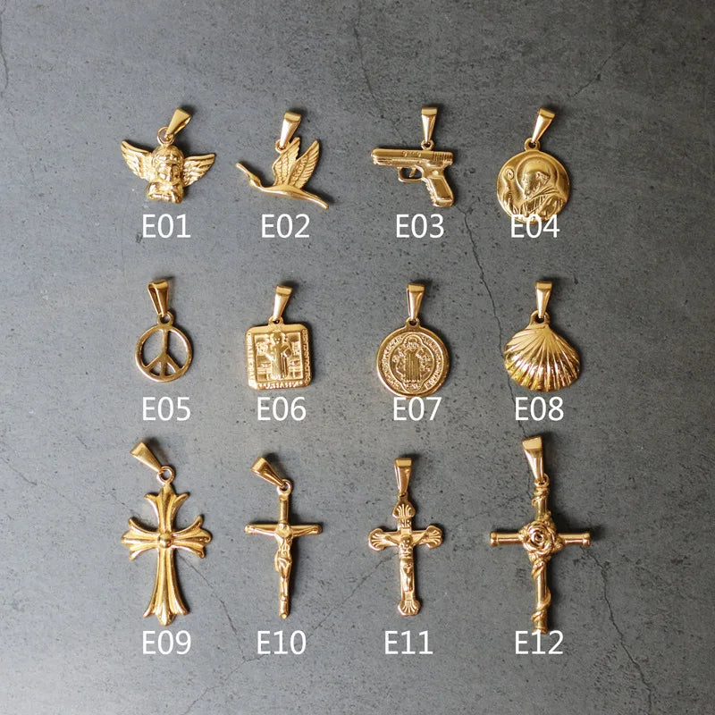 Hiphop Simple Pendants Fashion 18k Gold Plated Cross Charm DIY Jewelry Stainless Steel Pendants With Twist Chain Necklace MegaBDM