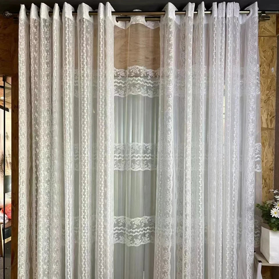 European Pastoral Style White Flowers and Leaves Pattern Embroidered Sheer Curtain Ready-Made Decorative White Sheer Curtain