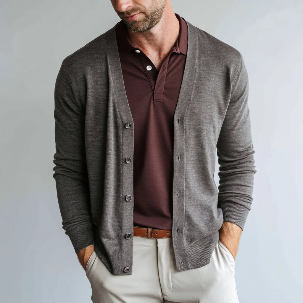 Classic Men's Merino Wool Button-Down Cardigan Versatile Knitwear with Front Buttons for Layering