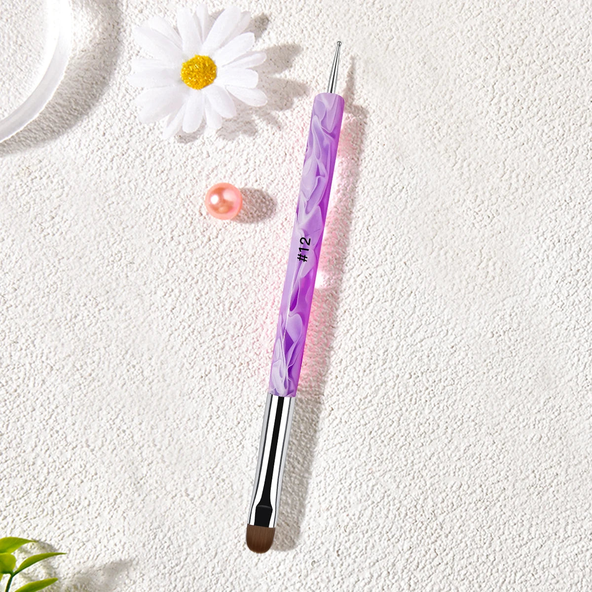 Premium Purple Marble Handle 2 Way Acrylic French Manicure Nail Art Brush Nylon Hair Nail French Brush #12 With Dotting Pen