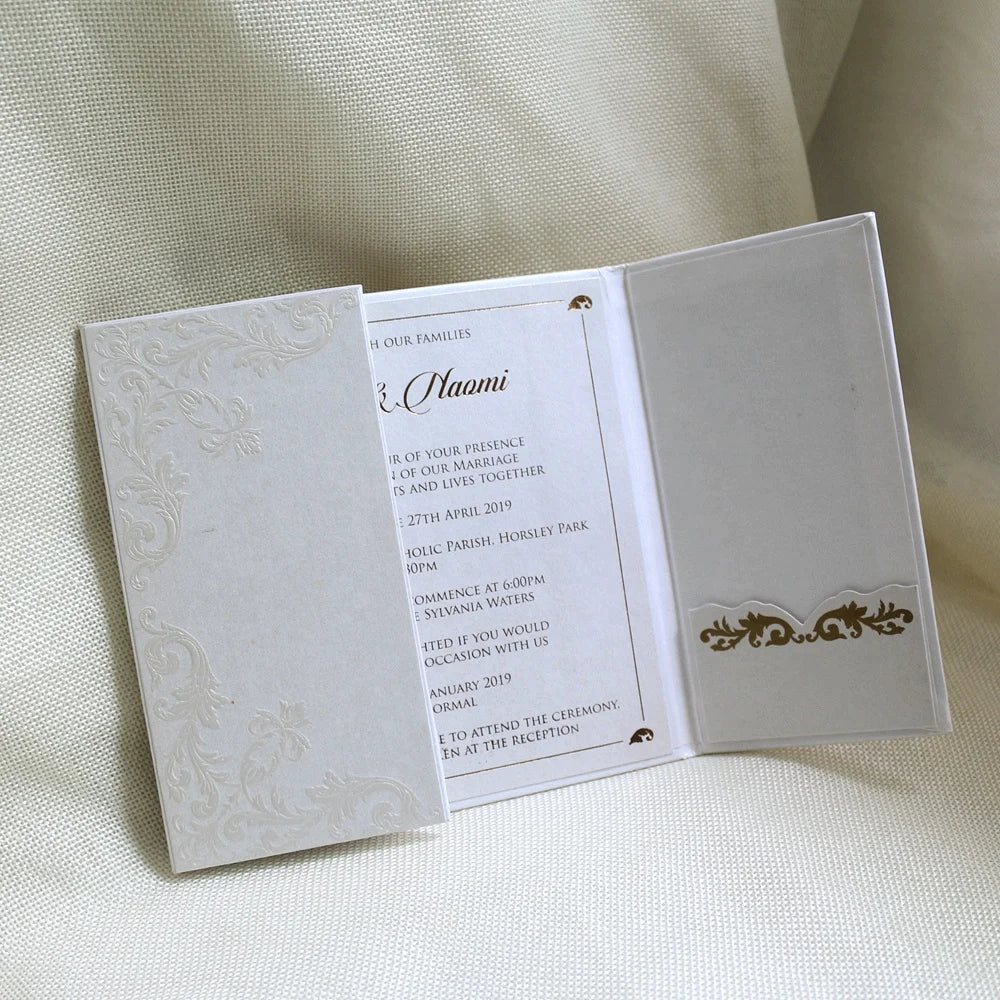 Gatefold Style Embossing Luxury Hard Cover Invitations with Side Pocket and RSVP Card