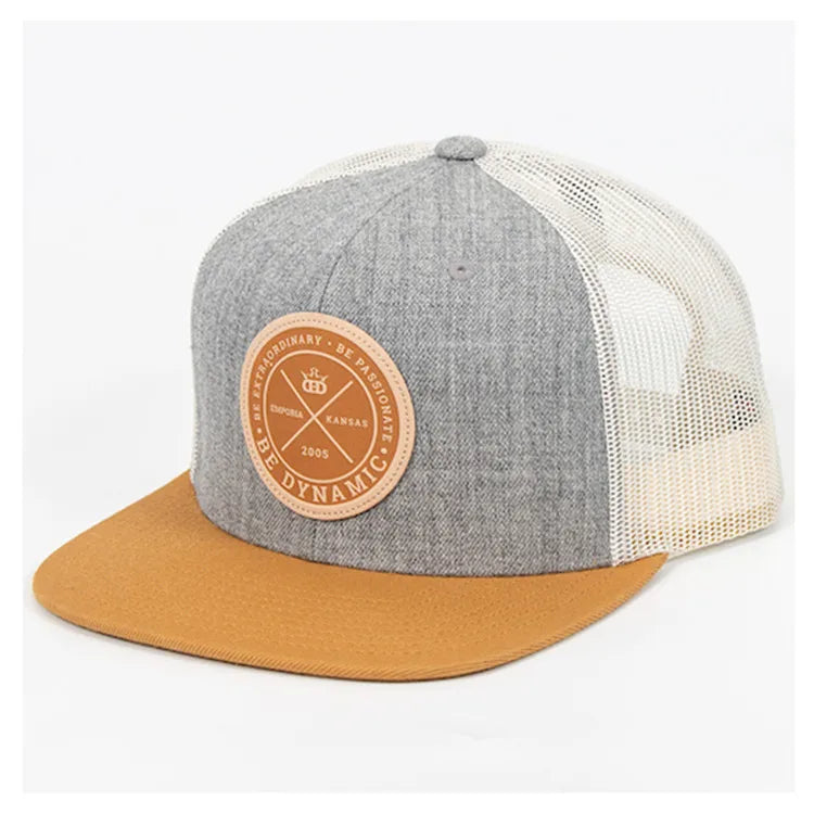 Hip Hop Flat Bill Cotton 5 Panel Leather Patch Mesh Performance Tropical Leaf Unisex Snapback Trucker Hat Cap