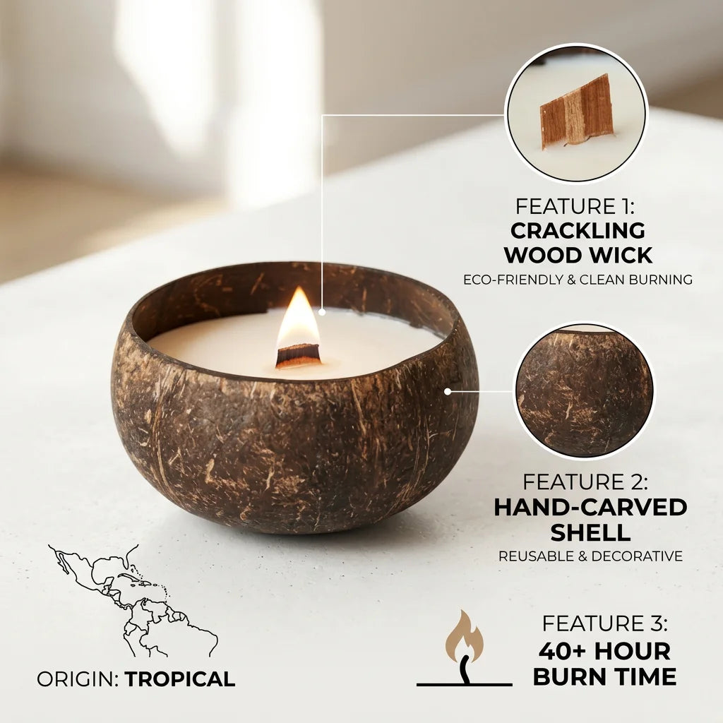 Natural Bulk Wood Wick Coconut Shell Candle Aromatherapy Scented Decorative Candle Eco Friendly Handmade Coconut Shell Container MegaBDM