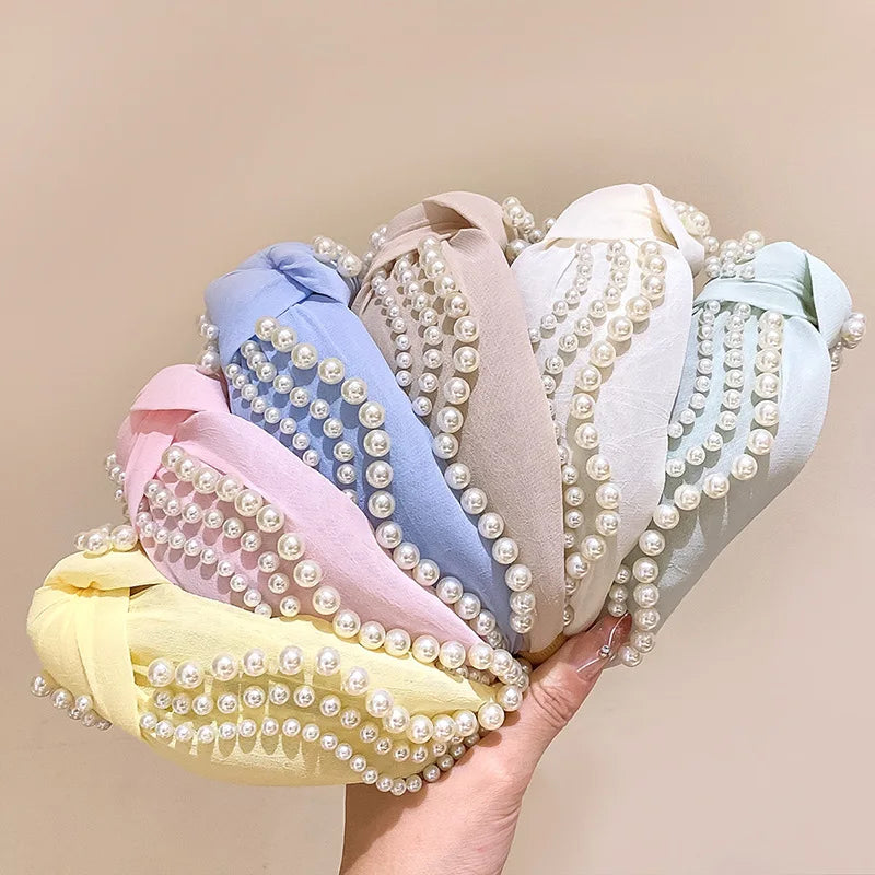 Girls Solid Color Hairband Trendy Fashion Simple Pearl Cross Knot Headband Hair Accessories