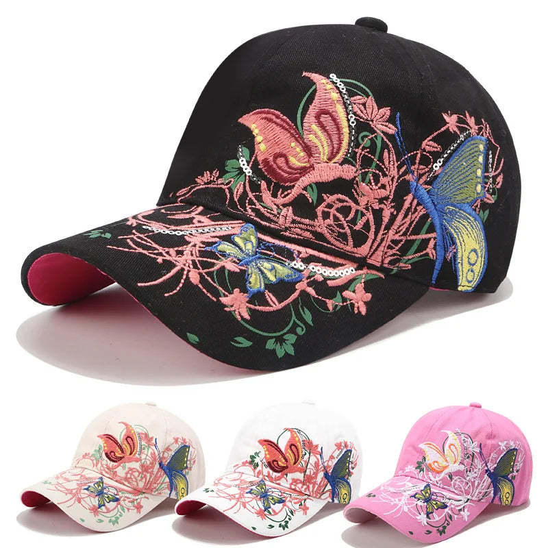 Fashion Sun Protection Sequin Butterfly Flower Floral Embroidery Custom 3D Logo Women Cotton Baseball Cap