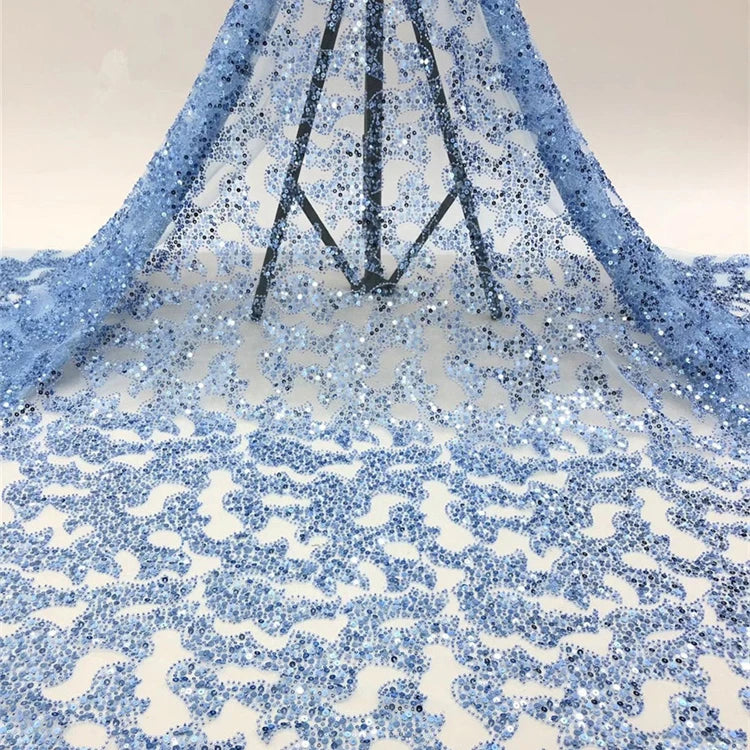 Mesh Embroidery Lace Fabric with Beads and Sequins Handmade Soft 100% Polyester Elastic Fabric MegaBDM
