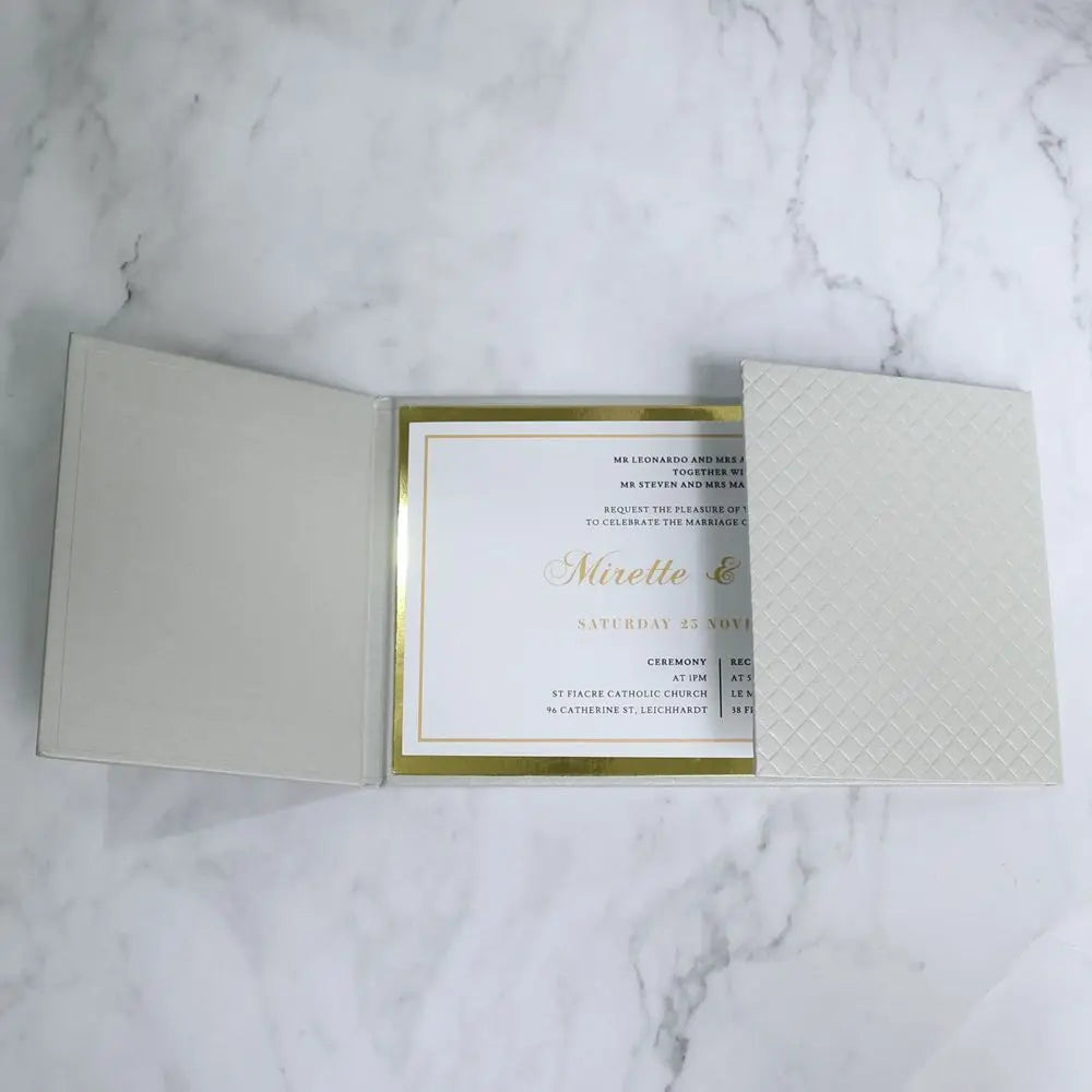 Quilt Pattern Embossed Wedding Invitation with Gold Foil Hardcover clear Acrylic Wedding Cards