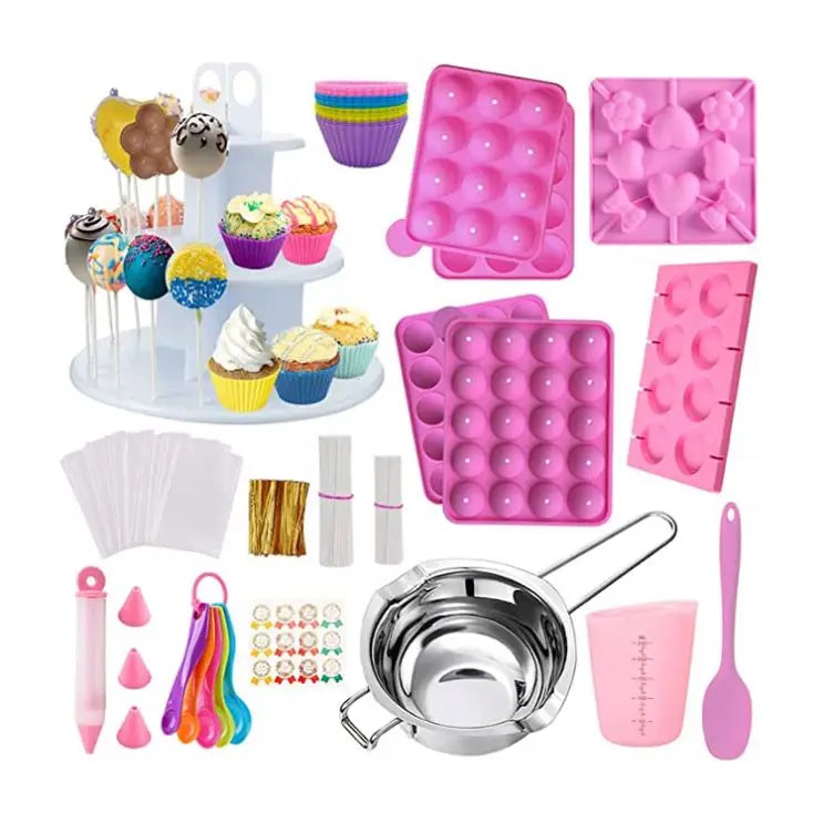 Cake Pop Maker Kit 454Pcs Silicone Lollipop Mold Set Baking Supplies With 3 Tier Cake Stand Chocolate Candy Melting Pot