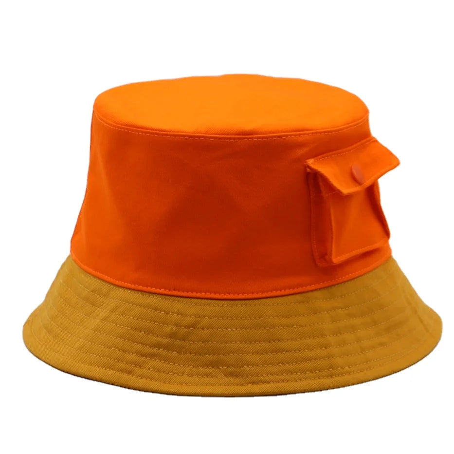 Custom Two-Tone Orange Cotton Bucket Hat with Letter Pattern and Pockets for Outdoor Casual Travel Use Sun Protection