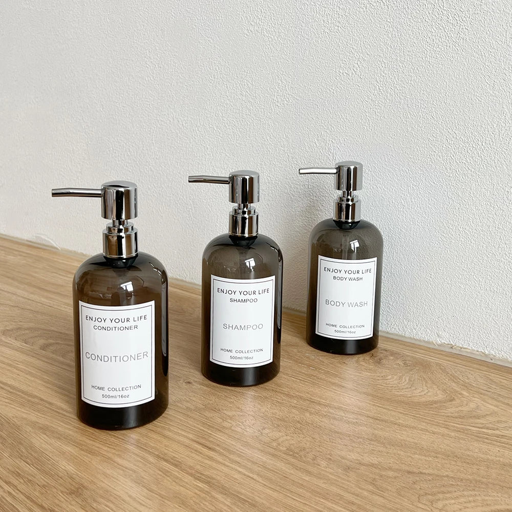 Luxury 500ML PET Plastic Refillable Shampoo Bottle Shower Gel Aluminum Pump Plastic Packaging Container