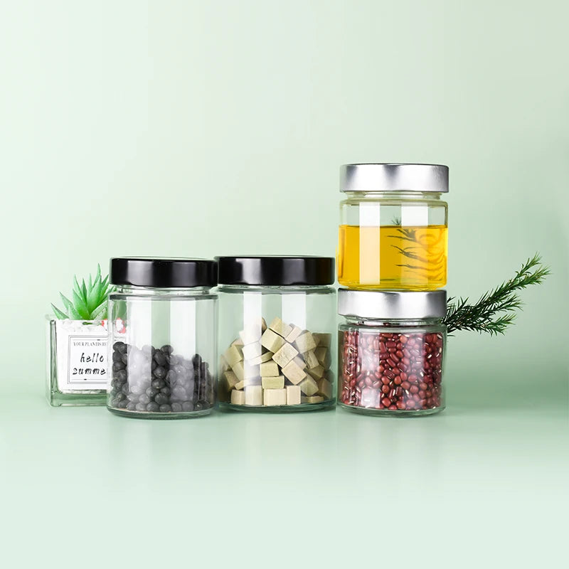 Empty Pickle Packaging 50ml 100ML 250ML 500ML Condiment Pet Cans Clear Glass Storage Jar with Metal Lids