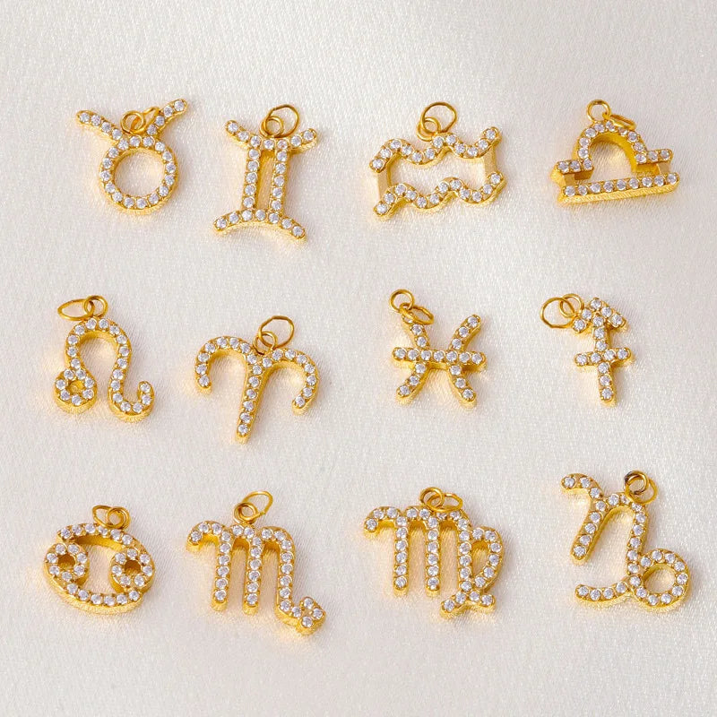 Fashion 18K PVD Gold Plated CZ Cubic Zirconia Crystal Zodiac Horoscope Sign Stainless Steel  Pendant Charms for Chain Necklace