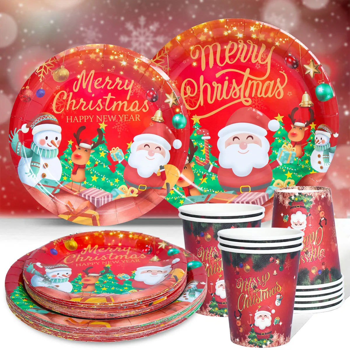 2024 Merry Christmas Decorations Party Disposable Tableware Include Plastic Paper Plates Cups Napkins Table Home Set Gift