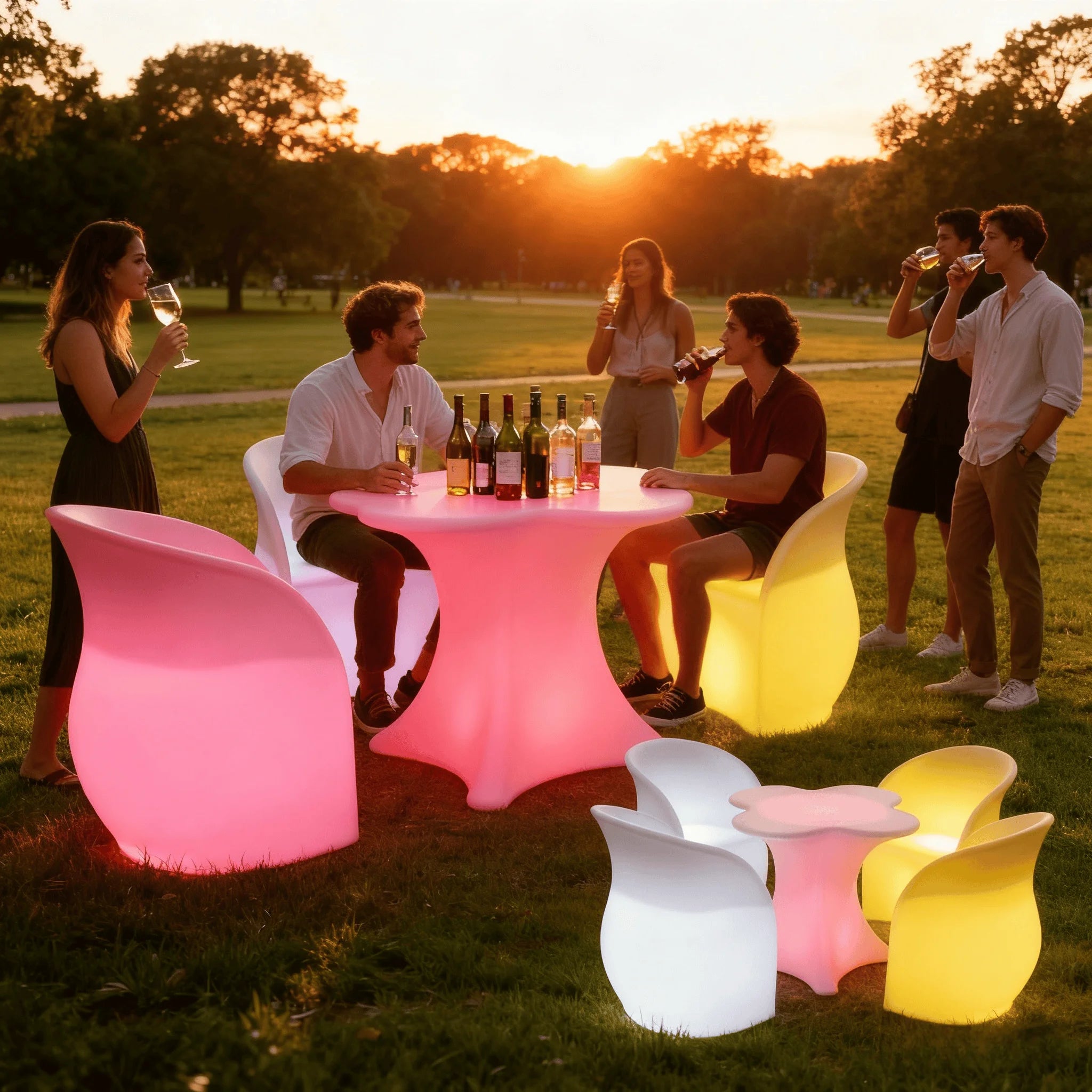 Modern White Plastic Commercial Outdoor Bar Table and Stool Set with RGB LED Glow