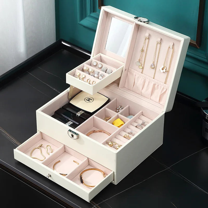 Hot Sale New Arrivals Pu Leather Drawer Exquisite Box Packaging Jewelry With Mirror Locked Jewelry Box