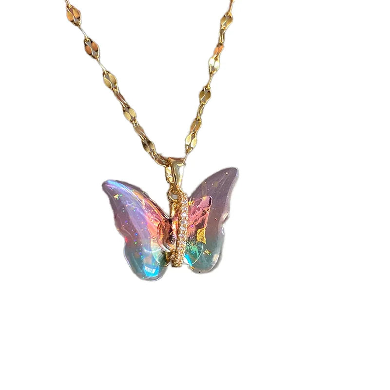 Rinhoo Luxurious Gradient Butterfly Zirconia Stainless Steel Necklace for Women 18K Gold Plated Animal Necklaces Jewelry Gifts