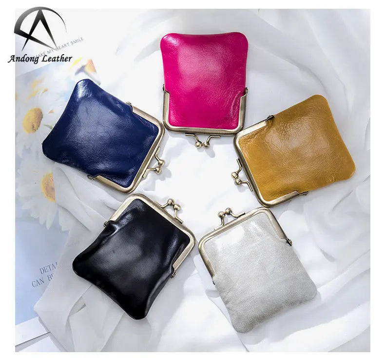 Andong Leather Coin Purse for Women Small Clip New Retro Fashion Genuine Cow Leather Short Wallet Europe Style 2033