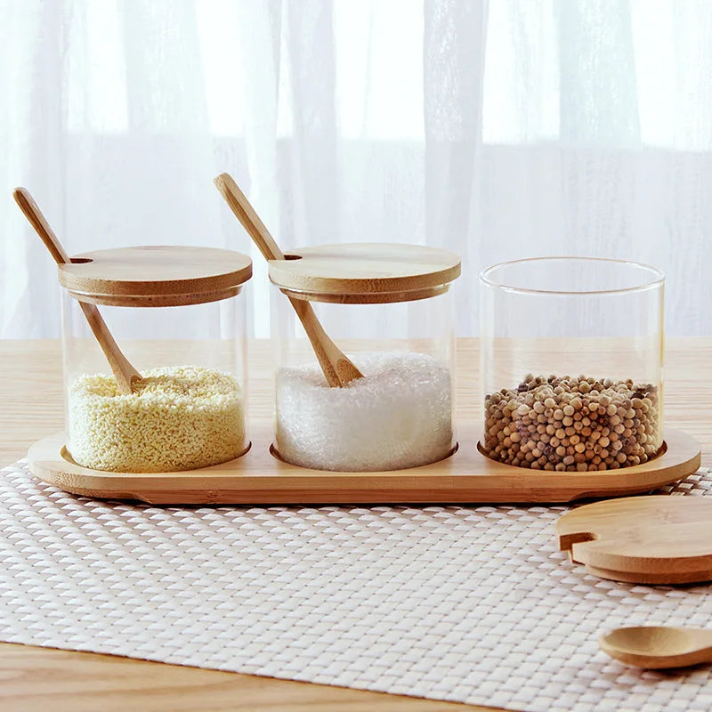 Seasoning Box Condiment Set with Wooden Spoon Lid and Base Salt Sugar Spice Pepper Condiment Container Jar