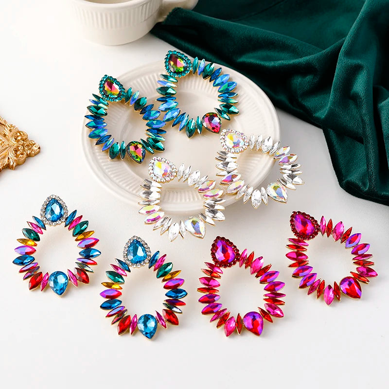 Fashion Rhinestone Water Drop Dangle Earrings Colorful Acrylic Geometric Statement Earrings for Women