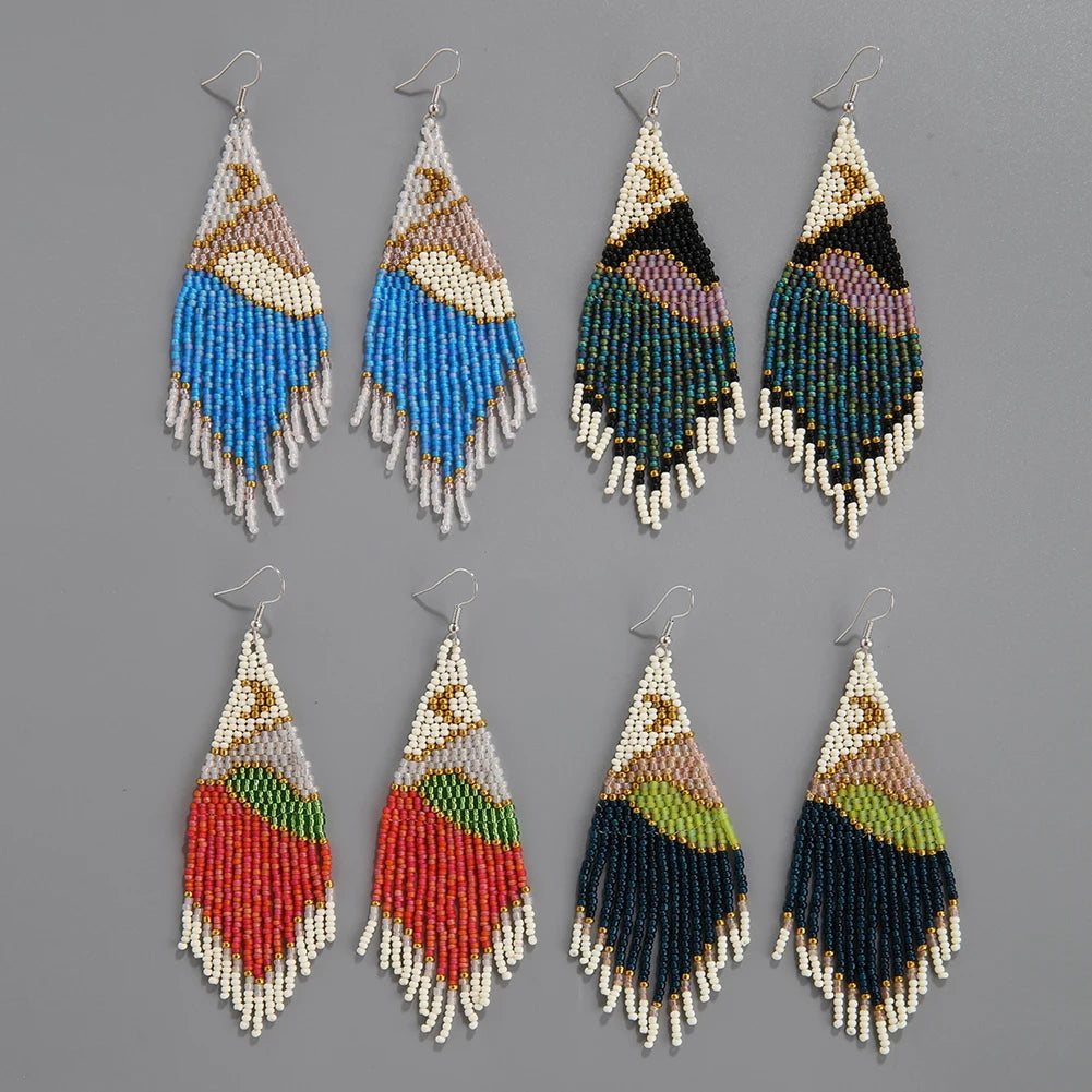 Bohemian Women's Creative Hand-Woven Seed Bead Earrings with Landscape Painting and Tassel Drop Design