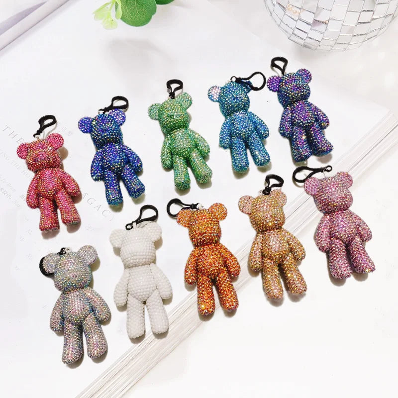 R-XYSK01-06 Diamond Violent Bear Key Chain Shiny Beads Jelly AB Resinstone DIY Cute Diamond Bear Keychain