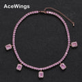 BC112 4mm Brass CZ Tennis Chain with 5 Square Charm Necklace with Extender Chain Iced Out Cubic Zircon Bling Bling