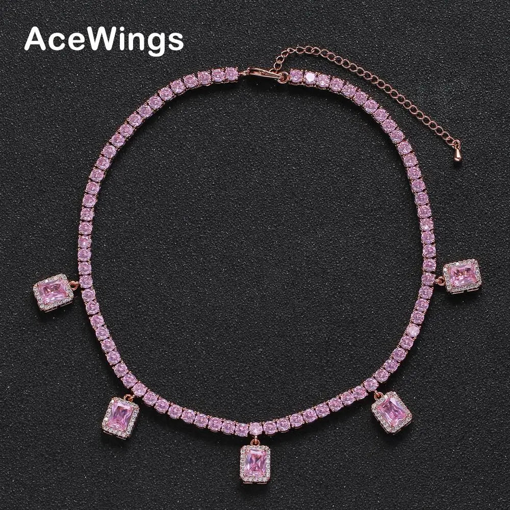BC112 4mm Brass CZ Tennis Chain with 5 Square Charm Necklace with Extender Chain Iced Out Cubic Zircon Bling Bling