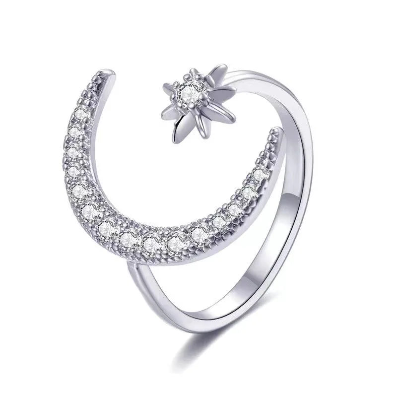 Fashion Women Jewelry Copper Rhinestones Rings Diamond Moon Star butterfly Leaf Shaped Opened Adjustable Crystal Gemstone Rings