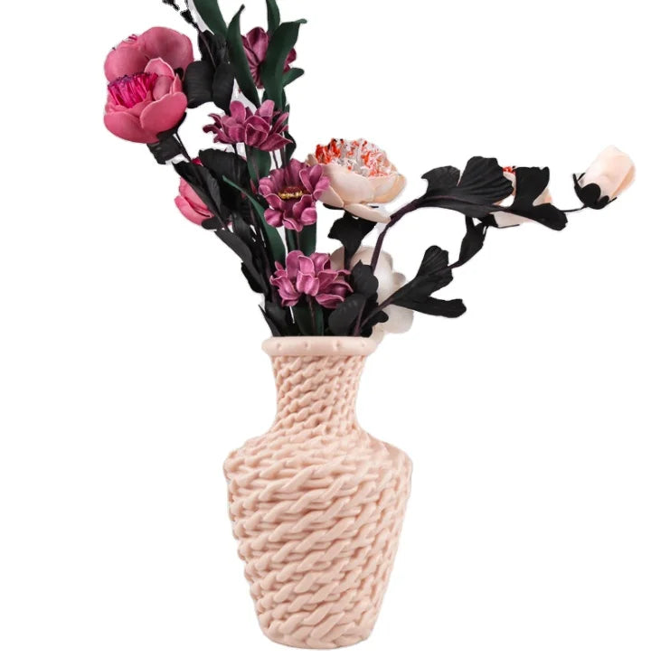 Wedding Decoration Modern Nordic Style Plastic Vase Dried Flower Ceramic-like Unbreakable Creative Knitting Texture Durable High