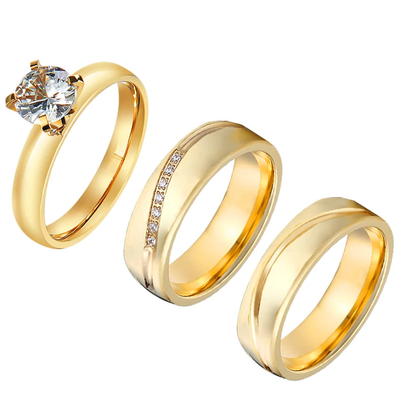 Custom 18k Gold Plated CZ Diamond Promise Rings for Couples Wedding Engagement Stainless Steel Men's Women's Bague Anillos Anel