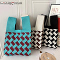 Landfond Female Underarm Tote Bag Lattice Checkered Knitted Handbag Crochet Women Strip Knitting Handbags