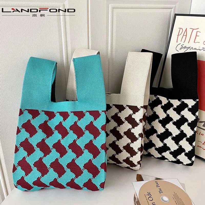Landfond Female Underarm Tote Bag Lattice Checkered Knitted Handbag Crochet Women Strip Knitting Handbags