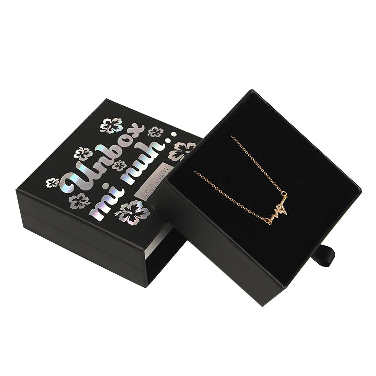 Custom Logo Holographic Drawer Style Velvet Exterior Paperboard Jewelry Box Black Wholesale