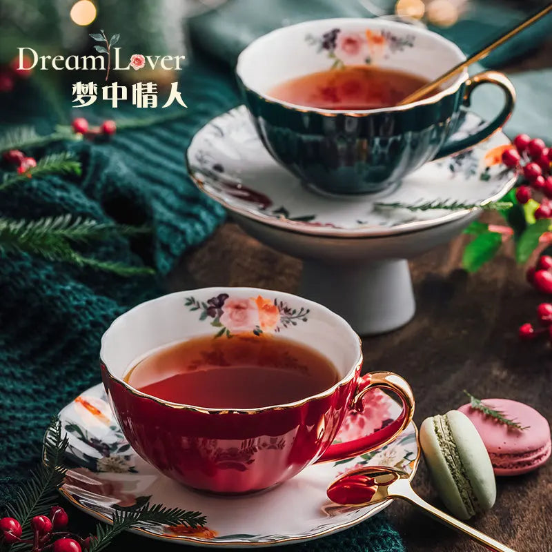 Ceramic Afternoon Black Tea Cups and Saucers Set Porcelain Coffee Cup with Tray for Drinks Carton Packaging
