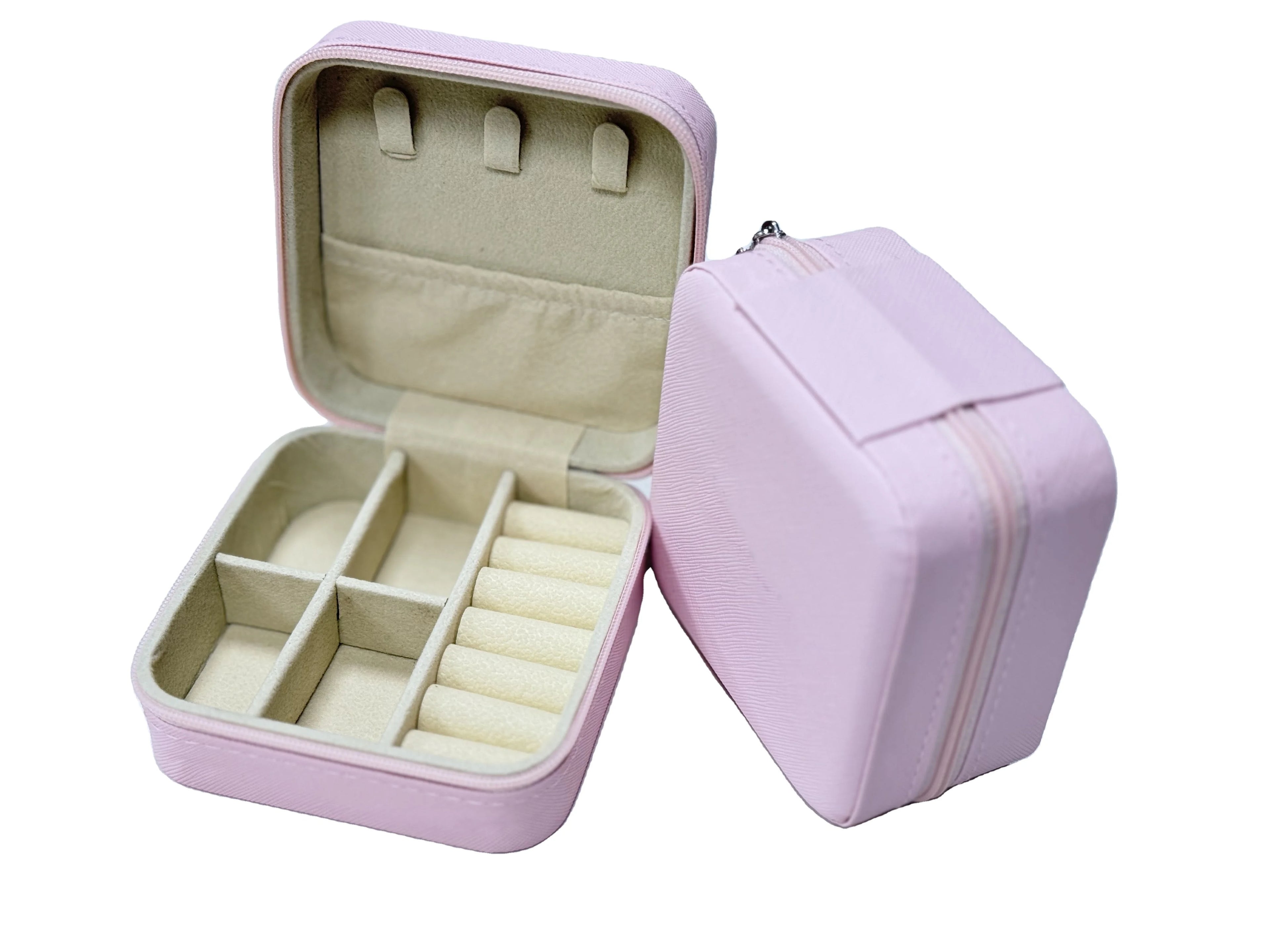Pink Square PU Leather Travel Jewelry Box with Zipper Closure Embossed Design Women's Valentine's Day Gift for Jewelry Storage