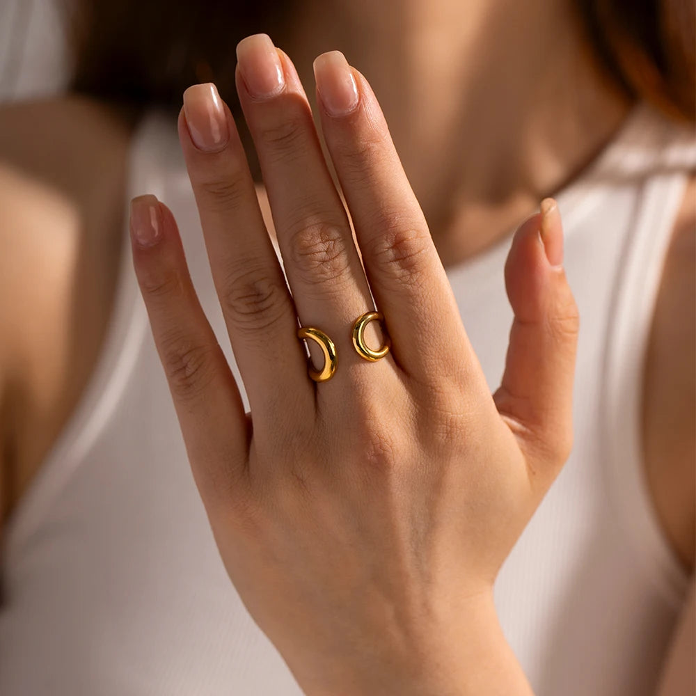 Geometric Jewelry Waterproof Stainless Steel 18K Gold Plated Hollow Double Layer Opening Ring for Women