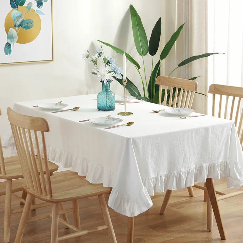 Rustic Flounces Tablecloth - Cotton Linen Washable Vintage Ruffle Trim Table Cover for Boho